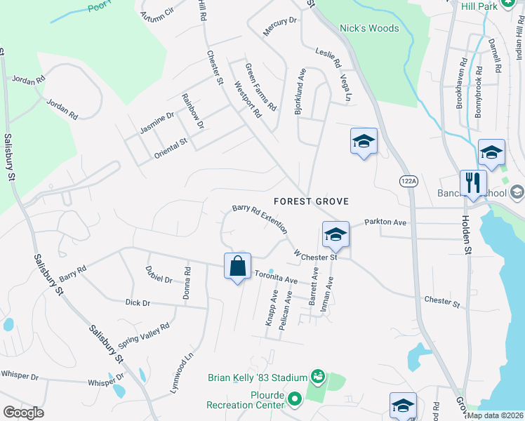 map of restaurants, bars, coffee shops, grocery stores, and more near 34D Barry Road in Worcester