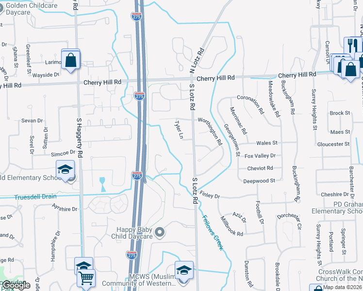map of restaurants, bars, coffee shops, grocery stores, and more near 576 Tyler Lane in Canton