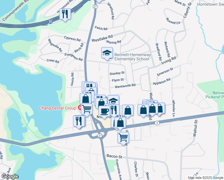 map of restaurants, bars, coffee shops, grocery stores, and more near 18 Rutledge Road in Natick