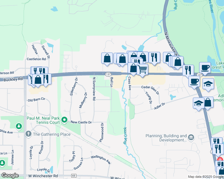 map of restaurants, bars, coffee shops, grocery stores, and more near 1680 Bell Lane in Libertyville