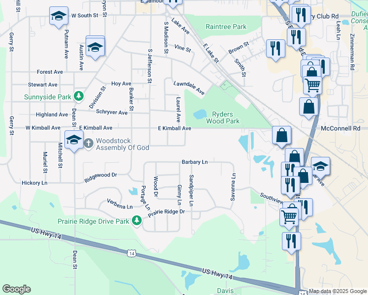 map of restaurants, bars, coffee shops, grocery stores, and more near 536 Burbank Avenue in Woodstock