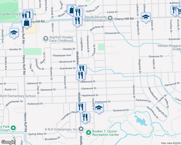 map of restaurants, bars, coffee shops, grocery stores, and more near 29118 Avondale Street in Inkster