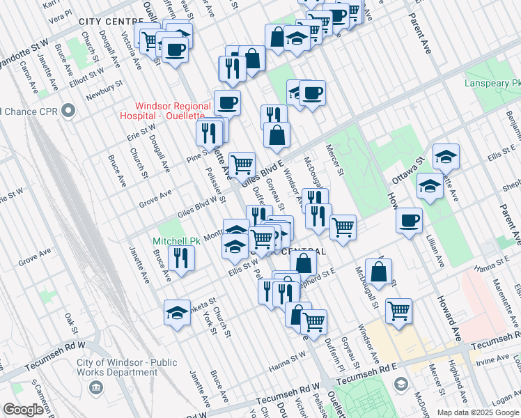 map of restaurants, bars, coffee shops, grocery stores, and more near 1285 Dufferin Place in Windsor
