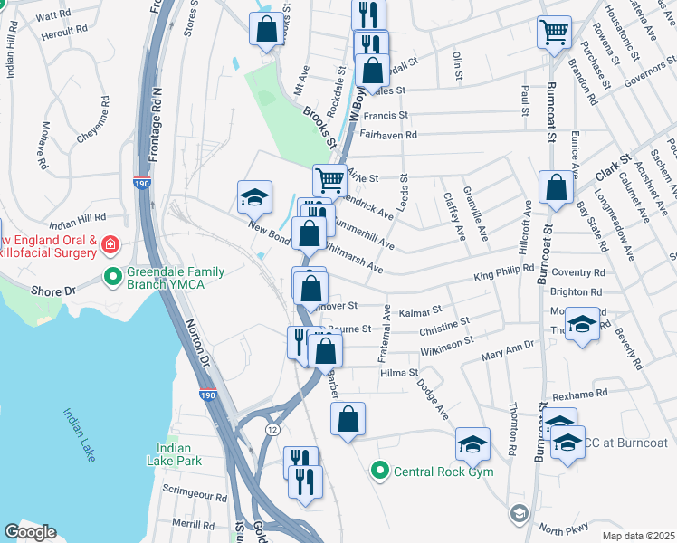 map of restaurants, bars, coffee shops, grocery stores, and more near 27 King Philip Road in Worcester