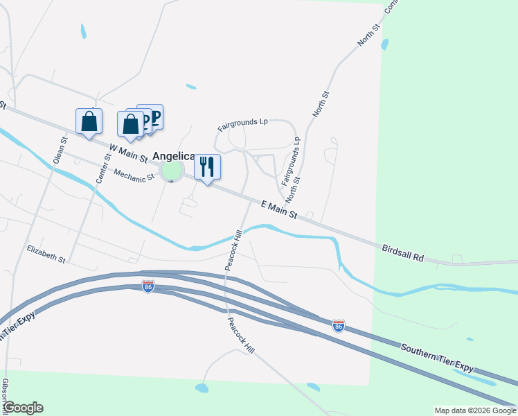 map of restaurants, bars, coffee shops, grocery stores, and more near 105 East Main Street in Angelica
