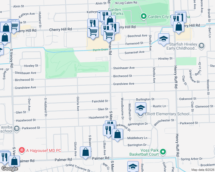 map of restaurants, bars, coffee shops, grocery stores, and more near 31451 Grandview Avenue in Westland