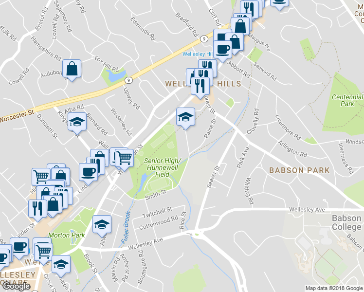 map of restaurants, bars, coffee shops, grocery stores, and more near 37 Rice Street in Wellesley