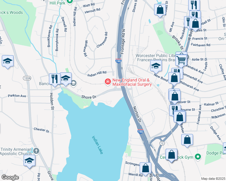 map of restaurants, bars, coffee shops, grocery stores, and more near 75 Shore Drive in Worcester
