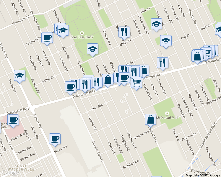 map of restaurants, bars, coffee shops, grocery stores, and more near 3347 Tecumseh Road East in Windsor