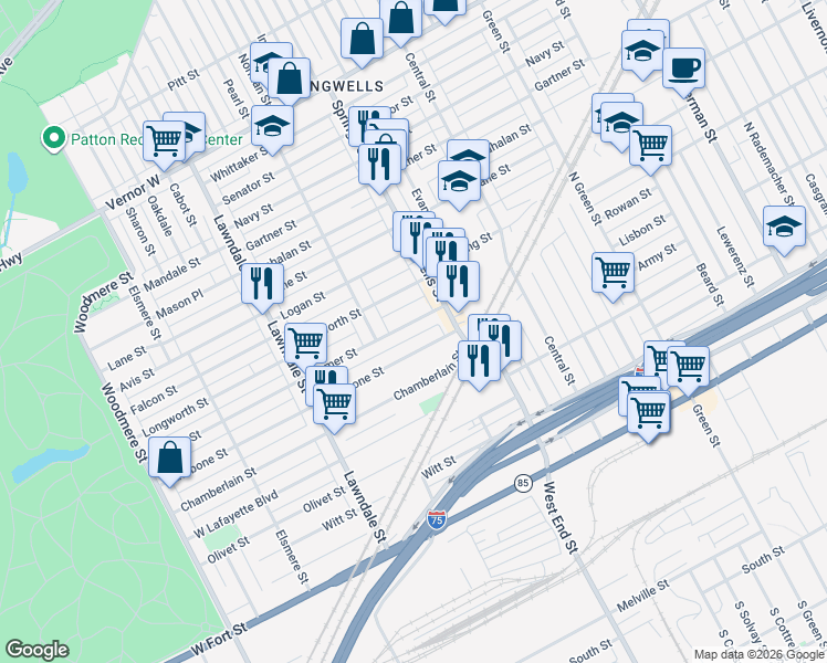 map of restaurants, bars, coffee shops, grocery stores, and more near 8083 Homer Street in Detroit