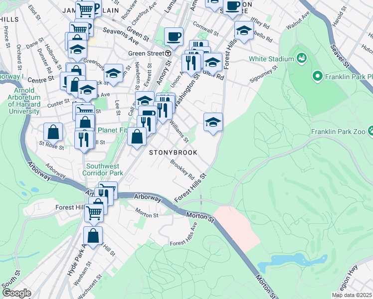 map of restaurants, bars, coffee shops, grocery stores, and more near 10 Plainfield Street in Boston