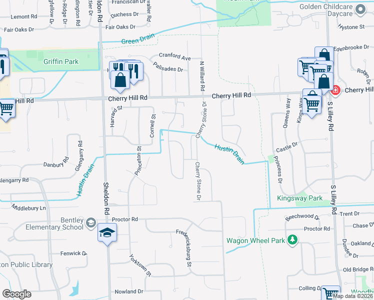 map of restaurants, bars, coffee shops, grocery stores, and more near 519 Cherry Orchard Road in Canton