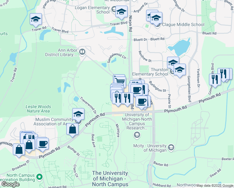 map of restaurants, bars, coffee shops, grocery stores, and more near 2641 Plymouth Road in Ann Arbor