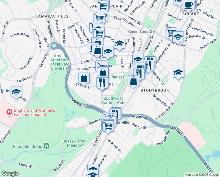 map of restaurants, bars, coffee shops, grocery stores, and more near 22 Rosemary Street in Boston