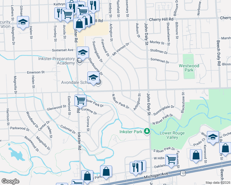map of restaurants, bars, coffee shops, grocery stores, and more near 26958 North River Park Drive in Inkster