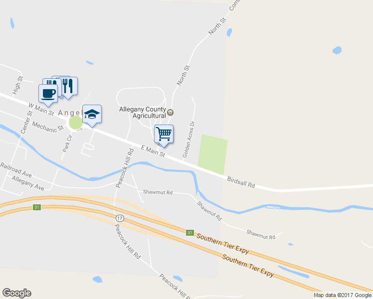 map of restaurants, bars, coffee shops, grocery stores, and more near 17 Golden Acres Drive in Angelica
