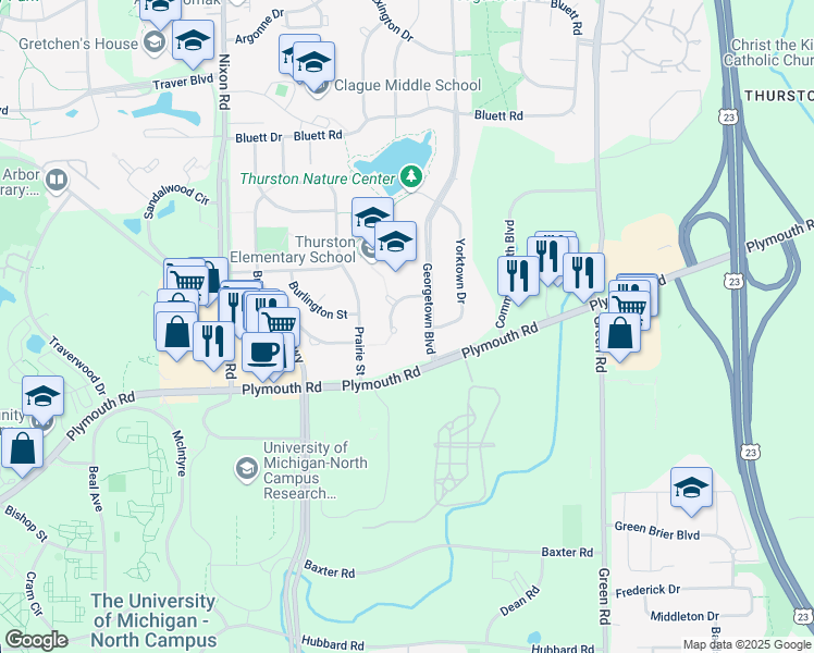 map of restaurants, bars, coffee shops, grocery stores, and more near 2059 Georgetown Boulevard in Ann Arbor