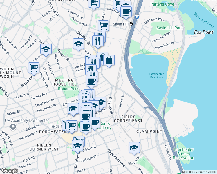 map of restaurants, bars, coffee shops, grocery stores, and more near 64 Greenwich Street in Boston