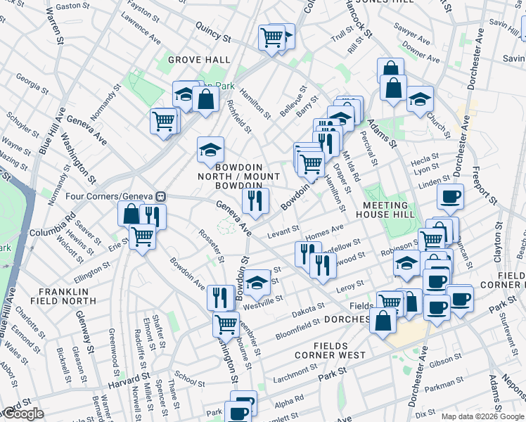map of restaurants, bars, coffee shops, grocery stores, and more near 8 Eunice Street in Boston