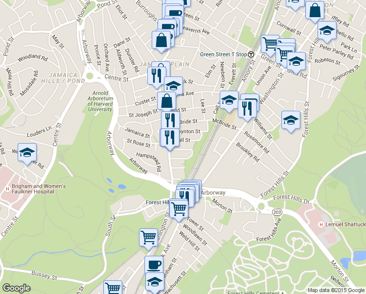 map of restaurants, bars, coffee shops, grocery stores, and more near 22 Rosemary Street in Boston