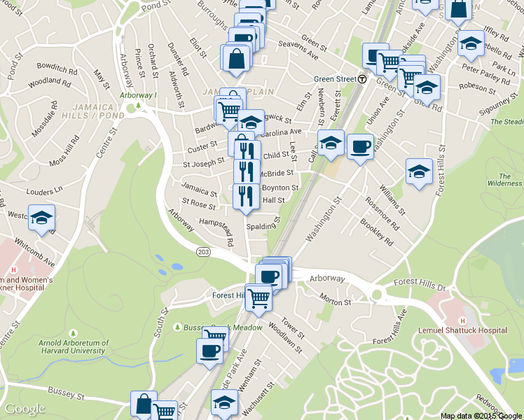 map of restaurants, bars, coffee shops, grocery stores, and more near 22 Rosemary Street in Boston
