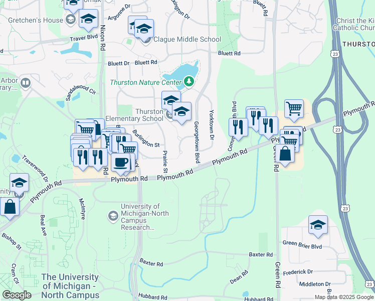 map of restaurants, bars, coffee shops, grocery stores, and more near 2059 Georgetown Boulevard in Ann Arbor