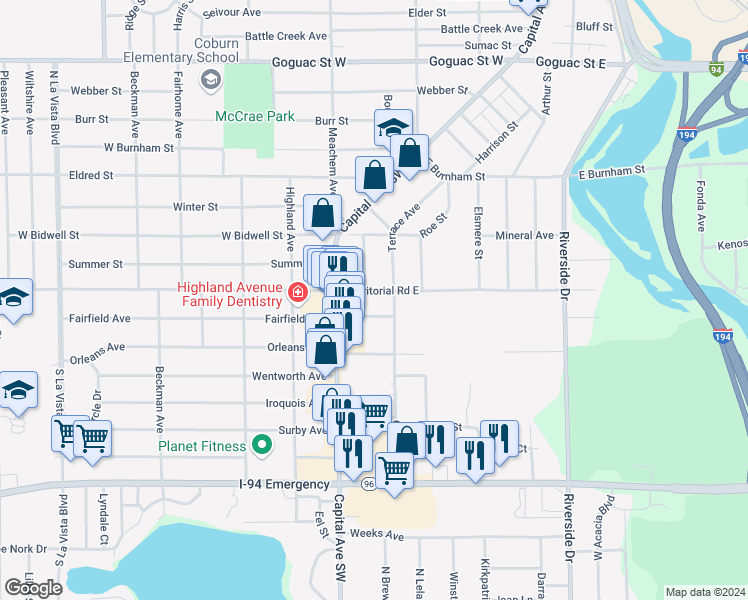map of restaurants, bars, coffee shops, grocery stores, and more near 26 West Territorial Road in Battle Creek