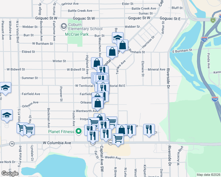 map of restaurants, bars, coffee shops, grocery stores, and more near 26 West Territorial Road in Battle Creek