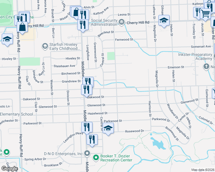 map of restaurants, bars, coffee shops, grocery stores, and more near 28988 Avondale Street in Inkster