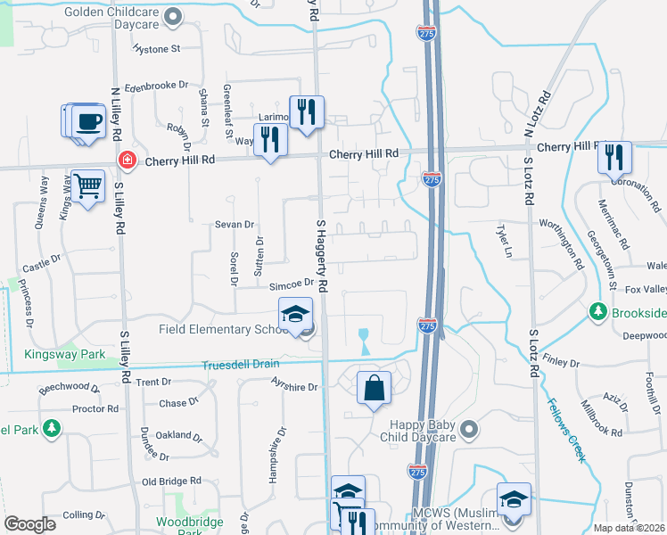 map of restaurants, bars, coffee shops, grocery stores, and more near 41386 Southwind Drive in Canton