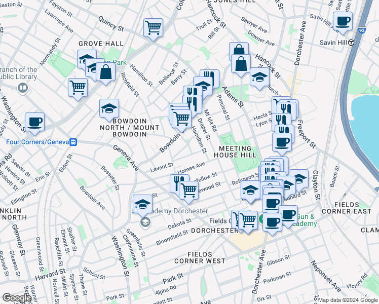 map of restaurants, bars, coffee shops, grocery stores, and more near 34 Speedwell Street in Boston