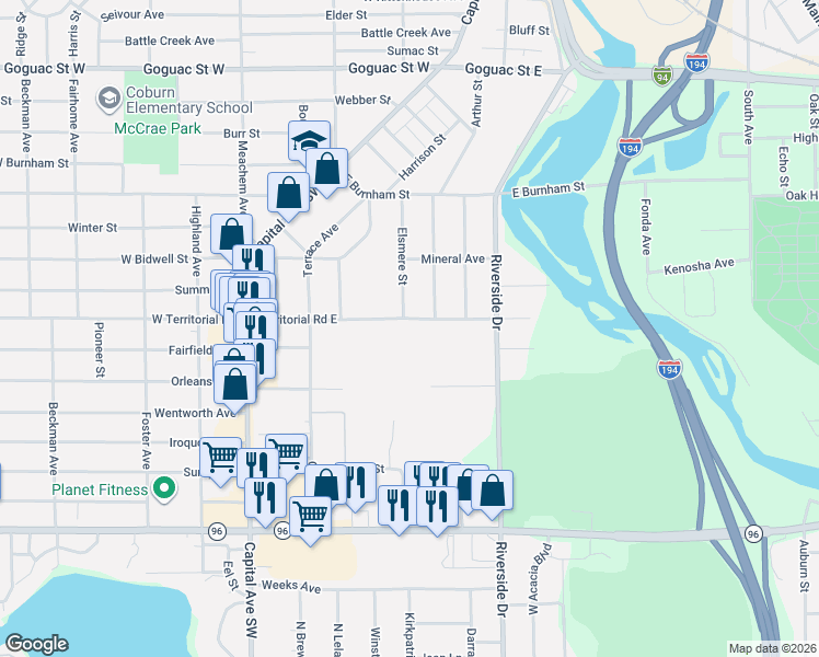 map of restaurants, bars, coffee shops, grocery stores, and more near 160 Territorial Road East in Battle Creek