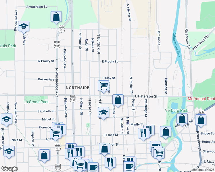 map of restaurants, bars, coffee shops, grocery stores, and more near 1355 Krom Street in Kalamazoo