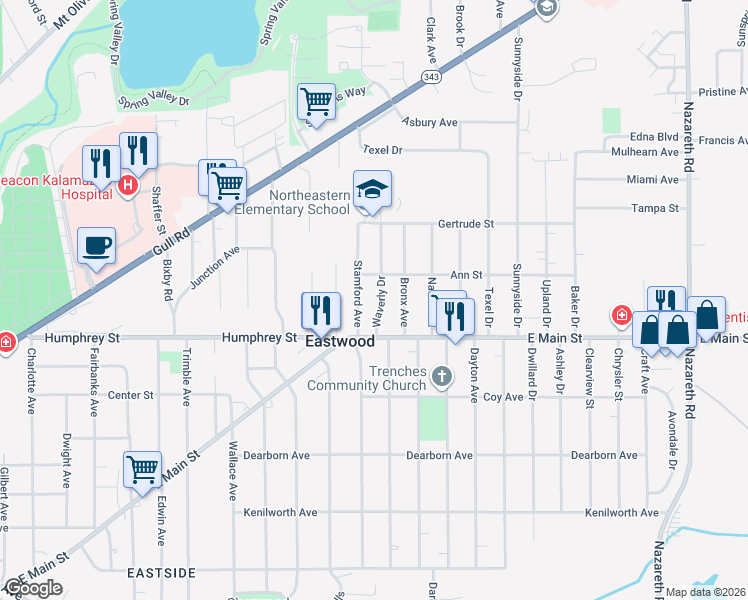 map of restaurants, bars, coffee shops, grocery stores, and more near 1301 Waverly Drive in Kalamazoo
