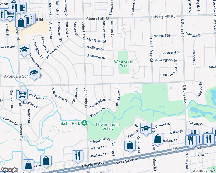 map of restaurants, bars, coffee shops, grocery stores, and more near 1014 Grandmont Street in Inkster