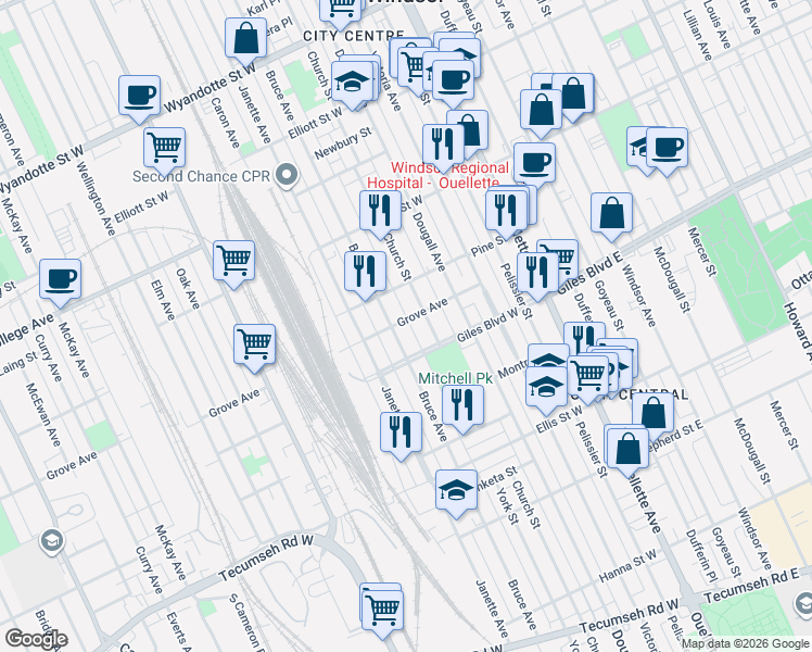 map of restaurants, bars, coffee shops, grocery stores, and more near 467 Grove Avenue in Windsor