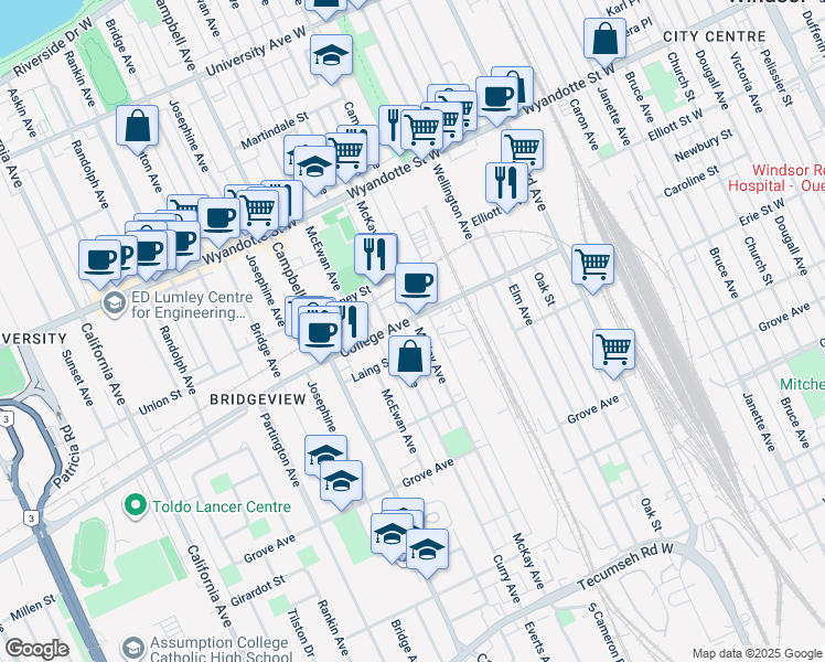 map of restaurants, bars, coffee shops, grocery stores, and more near 911 McKay Avenue in Windsor