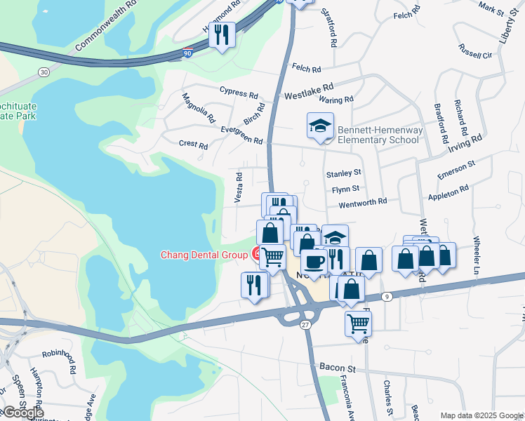 map of restaurants, bars, coffee shops, grocery stores, and more near 6 Perry Road in Natick