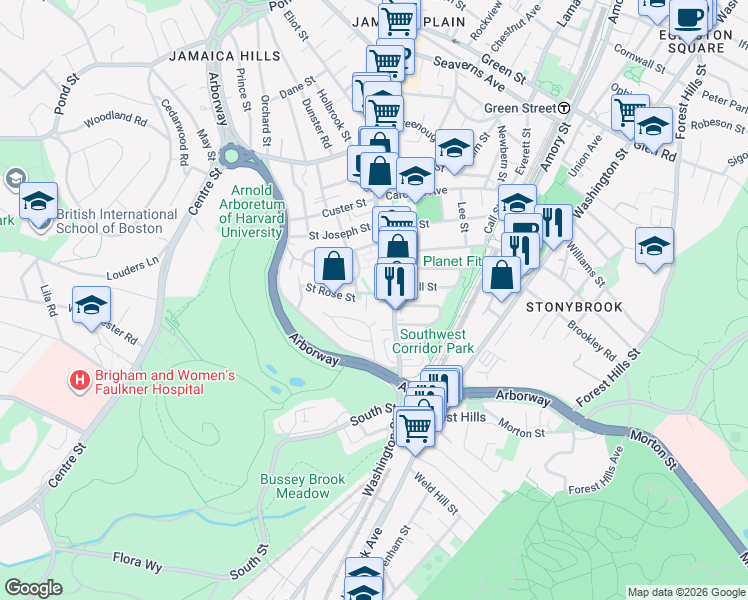 map of restaurants, bars, coffee shops, grocery stores, and more near 22-24 Saint Rose Street in Boston