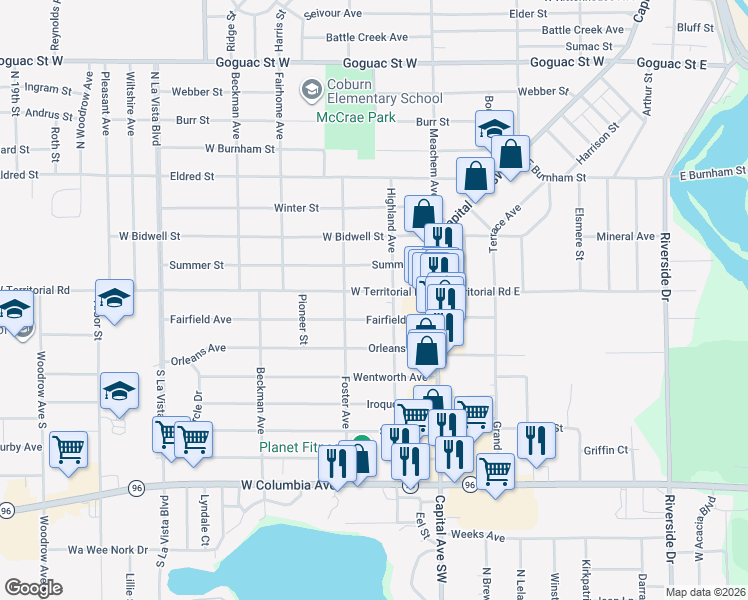 map of restaurants, bars, coffee shops, grocery stores, and more near 205 West Territorial Road in Battle Creek