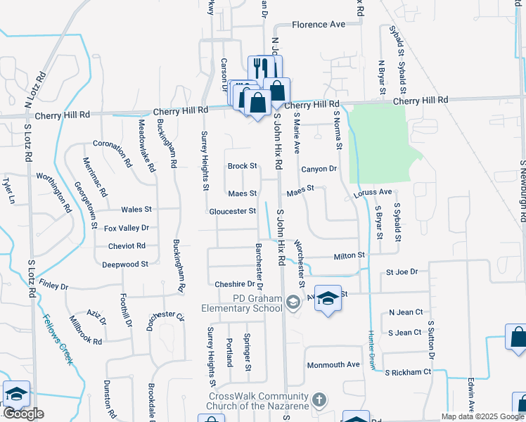map of restaurants, bars, coffee shops, grocery stores, and more near 441 Barchester Street in Westland