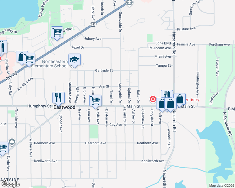 map of restaurants, bars, coffee shops, grocery stores, and more near 1303 Sunnyside Drive in Kalamazoo