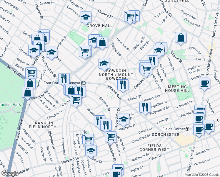map of restaurants, bars, coffee shops, grocery stores, and more near 251 Geneva Avenue in Boston