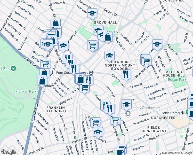 map of restaurants, bars, coffee shops, grocery stores, and more near 24 Rosseter Street in Boston