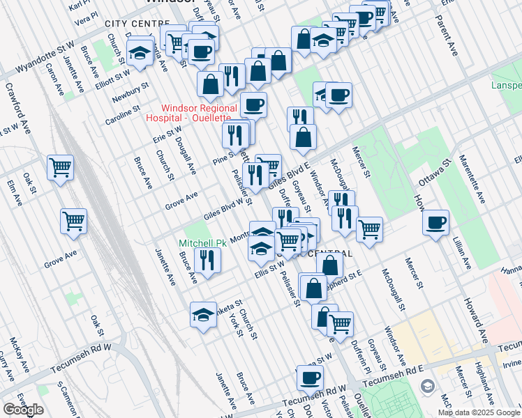 map of restaurants, bars, coffee shops, grocery stores, and more near 1255 Ouellette Avenue in Windsor