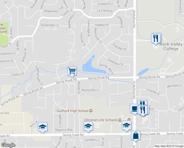 map of restaurants, bars, coffee shops, grocery stores, and more near 5548 Spring Brook Road in Rockford