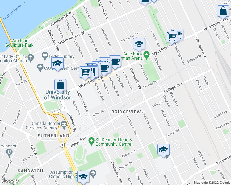 map of restaurants, bars, coffee shops, grocery stores, and more near 737 Partington Avenue in Windsor