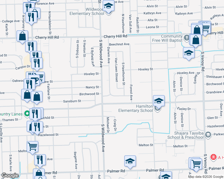 map of restaurants, bars, coffee shops, grocery stores, and more near 757 Darwin Street in Westland