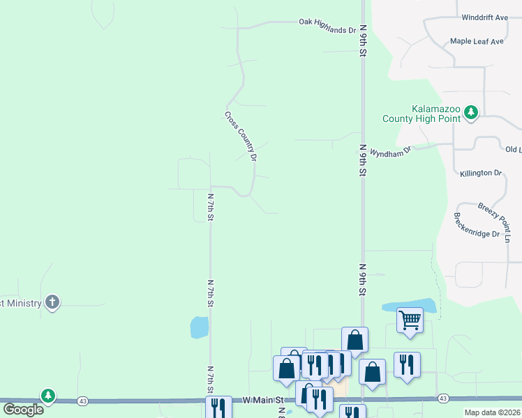 map of restaurants, bars, coffee shops, grocery stores, and more near 7089 Steeplechase Court in Kalamazoo