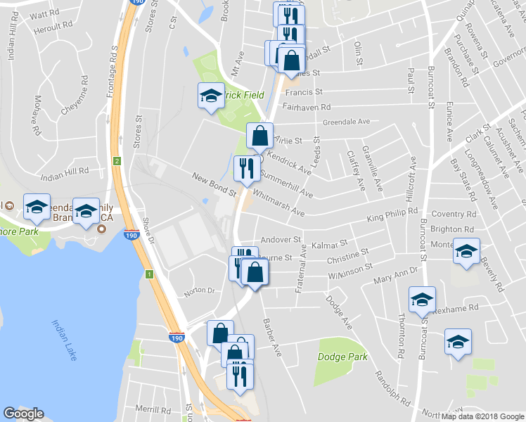 map of restaurants, bars, coffee shops, grocery stores, and more near 23 King Philip Road in Worcester